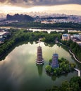 Aerial view of Guilin park with twin pagodas in China