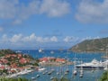 Aerial view at Gustavia Harbor with mega yachts at St Barts