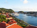 Aerial view at Gustavia Harbor with mega yachts at St Barts Royalty Free Stock Photo