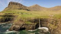 Aerial view of the GÃÂ¡sadalur waterfall in Faroe Islands Royalty Free Stock Photo