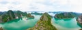 Aerial view of Ha Long Bay Cat Ba island, unique limestone rock islands and karst formation peaks in the sea, famous tourism