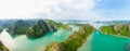 Aerial view of Ha Long Bay Cat Ba island, unique limestone rock islands and karst formation peaks in the sea, famous tourism