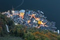 Aerial view of Hallstatt at dusk, an amazing lakeside village by the mountainside in Salzkammergut region of Austria