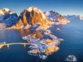 Aerial view of Hamnoy at sunrise in winter. Lofoten islands Royalty Free Stock Photo