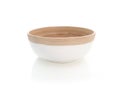 Aerial view of handmade bamboo bowl isolated. Close up of empty round container. Decor and kitchen crafts, utensils. Round natural Royalty Free Stock Photo