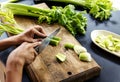 Aerial view of hands with knife cutting celery on wooden cut boa