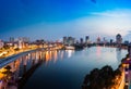 Aerial view of Hanoi cityscape by twilight period, with Da lake and under construction Cat Linh - Ha elevated railway