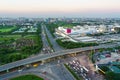 Aerial view of Hanoi skyline cityscape at sunset time at intersection Vinh Tuy bridge - Long Bien - Xuan Quan street