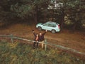 aerial view of happy couple country rural scenic