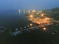 Aerial View Of Harbor With Boats At Night. Drone Photo