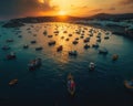 Aerial view of harbor filled with Fishing trawlers, vessels and boats at dawn, morning activity just beginning. A day in the hard