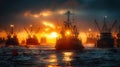 Aerial view of harbor filled with Fishing trawlers, vessels and boats at dawn, morning activity just beginning. A day in the hard