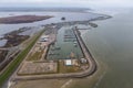 Aerial view harbor Lauwersoog at Dutch coast Wadden Sea Royalty Free Stock Photo