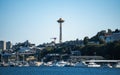 Aerial view of harbor with parked boats surrounded by buildings in Seattle Royalty Free Stock Photo