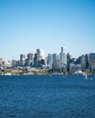 Aerial view of harbor with parked boats surrounded by buildings in Seattle Royalty Free Stock Photo