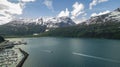 Aerial view of the harbor in Whittier, Alaska, with a cruise ship in the distance Royalty Free Stock Photo