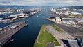 Aerial view of Harland and Wolff and Shipyard Dockyard where RMS Titanic was built Titanic Quarter Belfast Northern Ireland