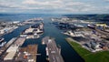 Aerial view of Harland and Wolff and Shipyard Dockyard where RMS Titanic was built Titanic Quarter Belfast Northern Ireland