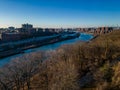 Aerial view of the Harlem River, Manhattan on the right, and the Bronx on the left, New York Royalty Free Stock Photo