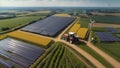 Aerial view of a harmonious scene of farmland, where a tractor moves purposefully amidst thriving crops, flanked by gleaming solar