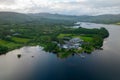 Aerial view of Harveys point hotel on lough eske lake in Donegal, Ireland