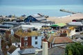 Aerial view of Hastings beach, houses, commerce, Ocean