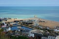 Aerial view of Hastings beach, houses, lake & Ocean