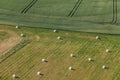 Aerial view of hay bales on the field Royalty Free Stock Photo