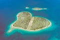 Aerial view of heart shaped island of Galesnjak in Zadar archipelago. Dalmatia region of Croatia