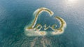 Aerial view of a heart-shaped wih love island.