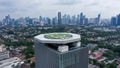 Aerial view of helipad. Helicopter landing pad on rooftop on skyscraper, high-rise office building in Shanghai Downtown