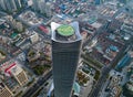 Aerial view of helipad. Helicopter landing pad on rooftop on skyscraper, high-rise office building in Shanghai Downtown, China.