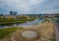 Aerial view of a helipad. Helicopter takeoff spot in a middle of a big city