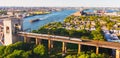 Aerial view of the Hell Gate Bridge over the East River in NY