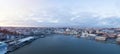 Aerial view Of Helsinki city from the sea. Sunset Evening Illuminations. Scenic winter view of the Old Port from the air. Finland. Royalty Free Stock Photo