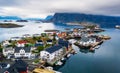 Aerial view of Henningsvaer fishing village on Lofoten islands in Norway