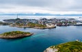 Aerial view of Henningsvaer fishing village on Lofoten islands in Norway