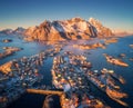 Aerial view of Henningsvaer at sunset in Lofoten islands, Norway