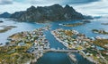 Aerial view of Henningsvaer village in Norway Lofoten islands famous travel destinations