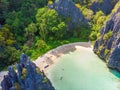 Aerial view of Hidden beach in Matinloc Island, El Nido, Palawan, Philippines - Tour C route - Paradise lagoon and beach in Royalty Free Stock Photo