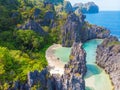 Aerial view of Hidden beach in Matinloc Island, El Nido, Palawan, Philippines - Tour C route - Paradise lagoon and beach in Royalty Free Stock Photo