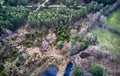 Aerial view from high altitude of the edge of a moor lake in the heath Royalty Free Stock Photo