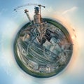 Aerial view from high altitude of little planet earth with cement factory tower with high concrete plant structure at Royalty Free Stock Photo