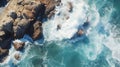 Aerial view of high resolution sea wave crashing and splashing on sandy beach shore Royalty Free Stock Photo