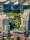 Aerial view of high rise buildings and city neighborhood