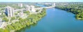 Aerial view high-rise condo buildings along Colorado River near