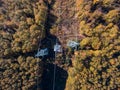 Aerial view. High voltage metal post. High-voltage tower.