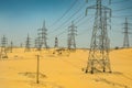 Aerial view High voltage metal post. High-voltage tower Top view desert landscape egypt assuan Royalty Free Stock Photo