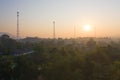 Aerial view of high voltage poles. Power lines on utility tower and cable wires in energy electric technology, network, and Royalty Free Stock Photo