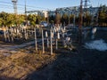 Aerial view of a high voltage power distribution substation. Electricity power substation plant. Transformer Royalty Free Stock Photo